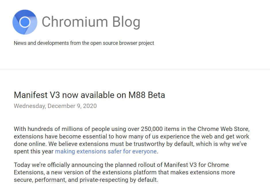 Chromiumブラウザ マニフェストV3がM88ベータ版で利用可能に