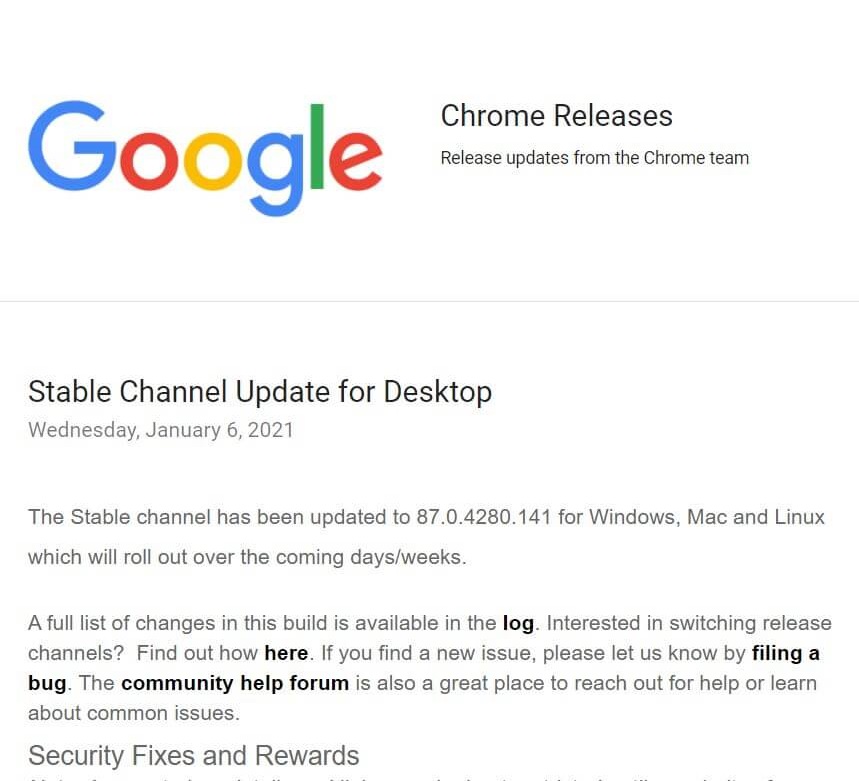 2020年1月6日、Googleがデスクトップ用Chrome バージョン87.0.4280.141をリリースしたのでさっそくアップデートしてみた。