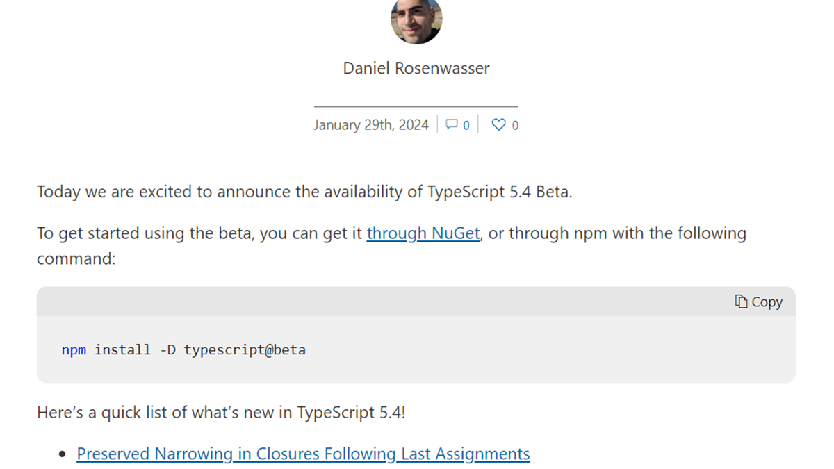 TypeScript 5.4 Betaが利用可能に